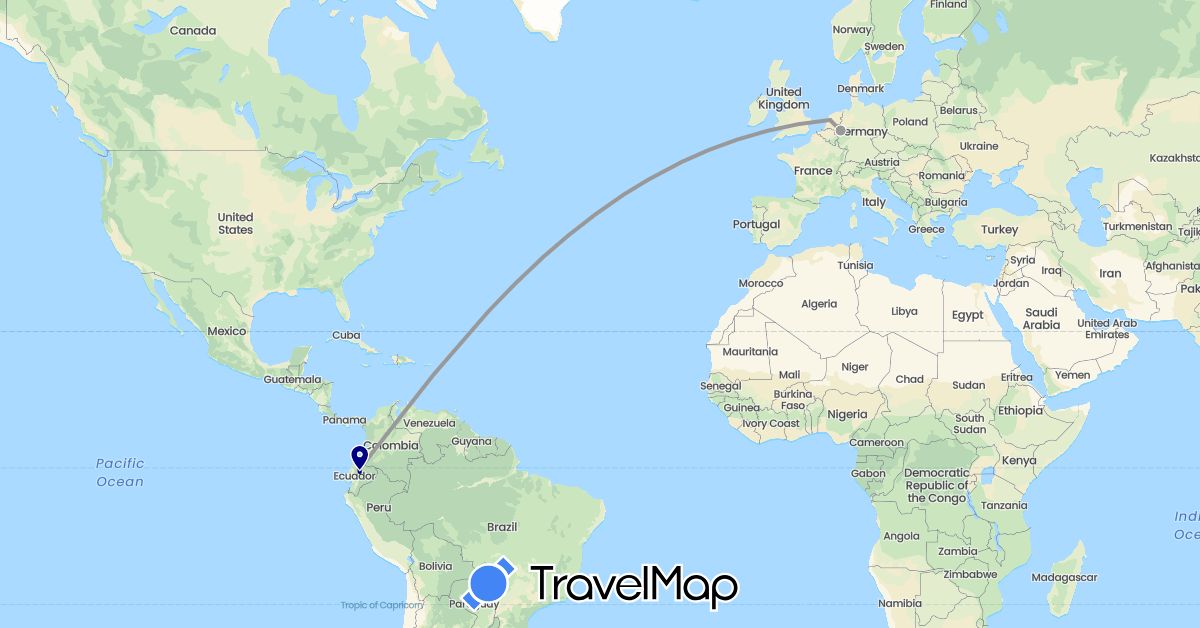 TravelMap itinerary: driving, plane in Germany, Ecuador, Netherlands (Europe, South America)